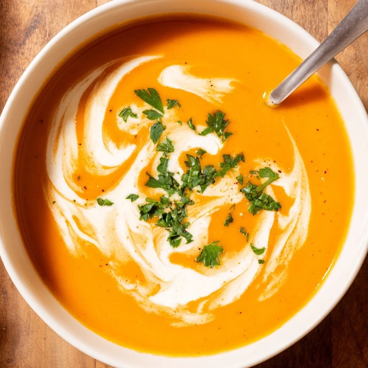 A bowl of Carrot-Based Creamy Soup with a swirl of cream, garnished with fresh parsley and served alongside crusty bread.