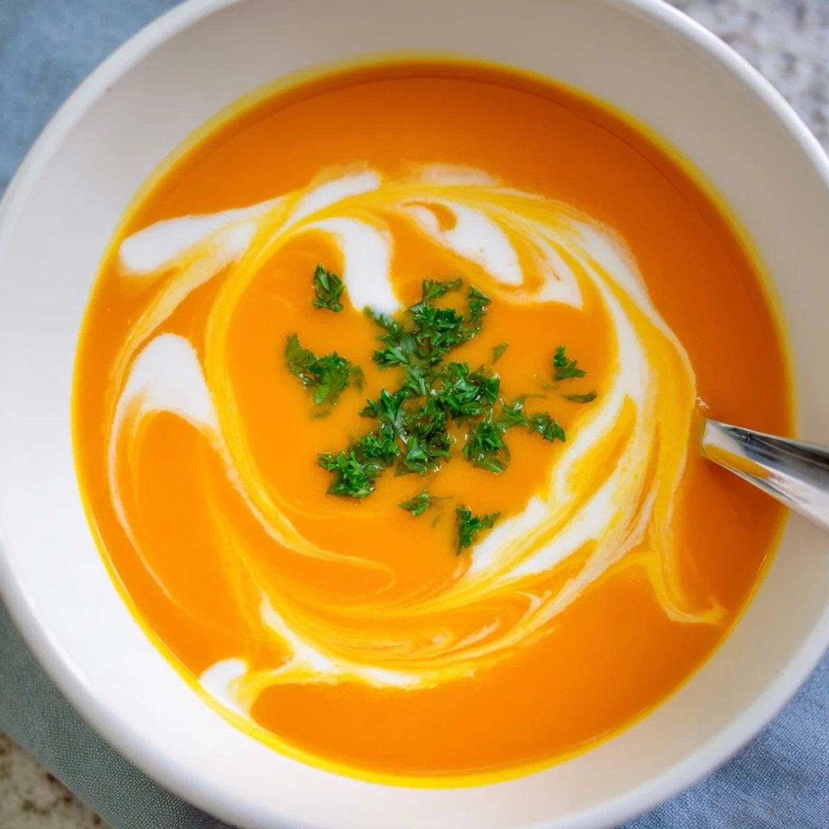 Steaming Carrot-Based Creamy Soup in a white bowl, ready to enjoy with a side of toasted bread for dipping.