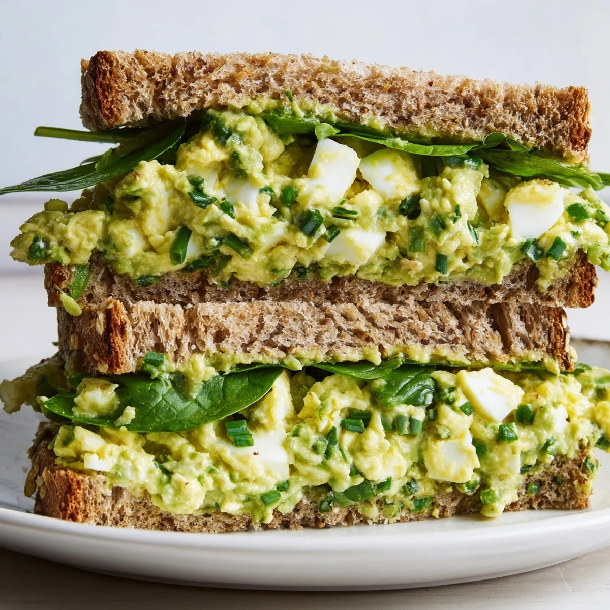 Slices of whole grain bread hold a vibrant avocado egg salad sandwich, garnished with fresh chives and baby spinach.