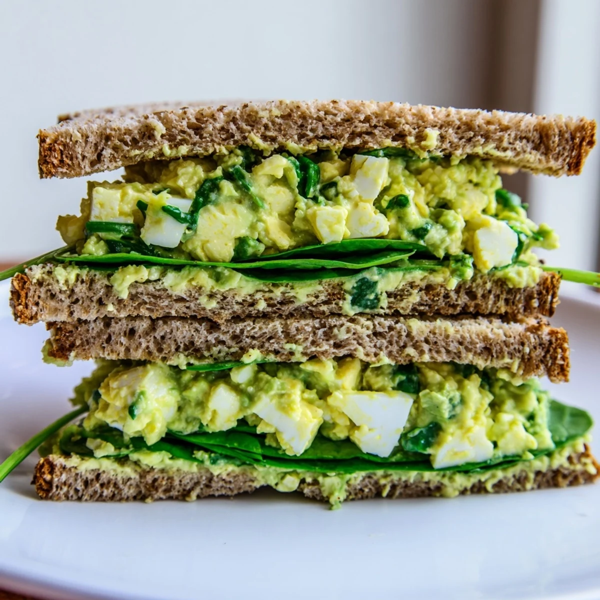 A close-up of creamy avocado egg salad sandwich with chopped eggs, lemon juice, and Dijon mustard on toasted bread.
