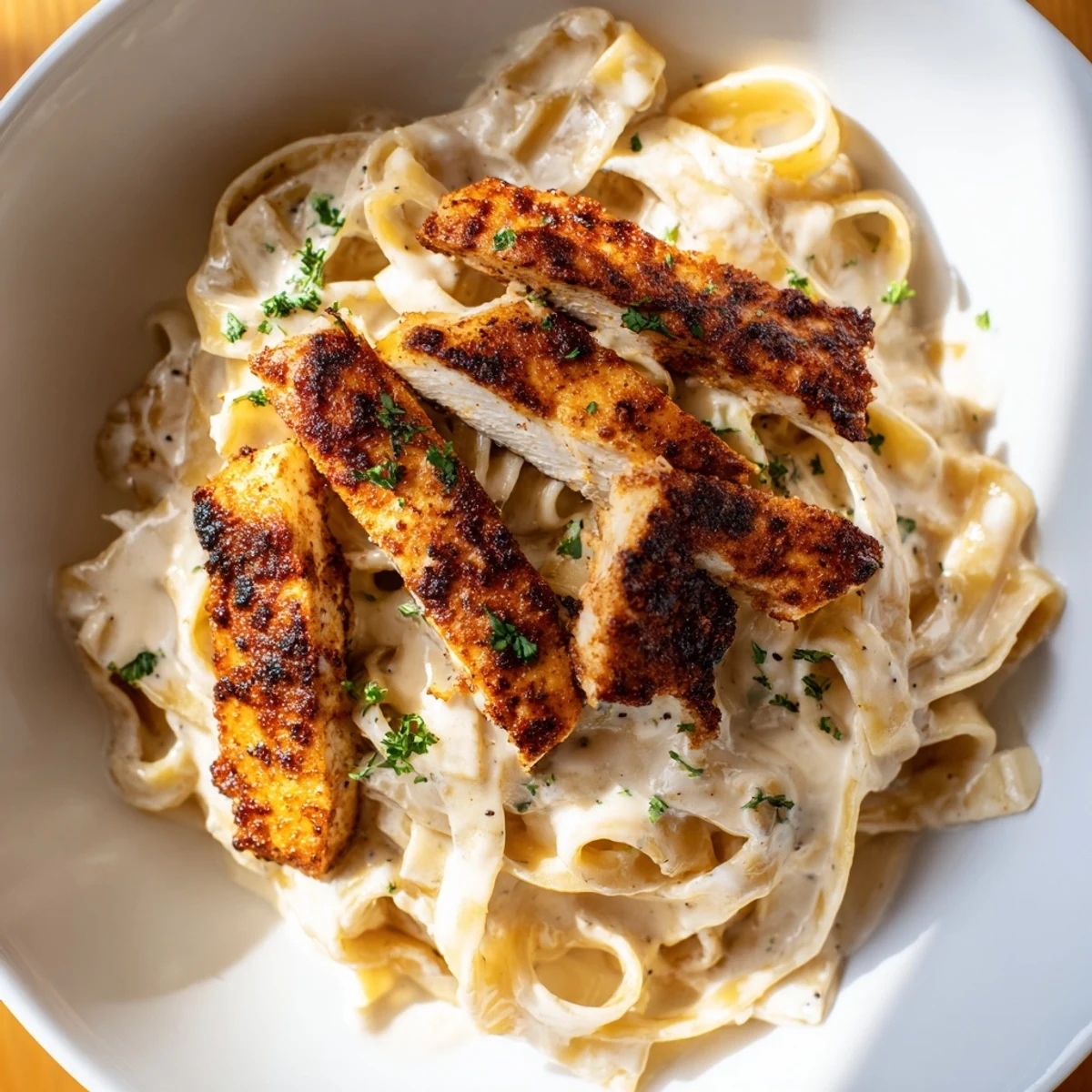 Golden, Cajun-seasoned chicken strips rest atop creamy fettuccine Alfredo, garnished with fresh parsley.