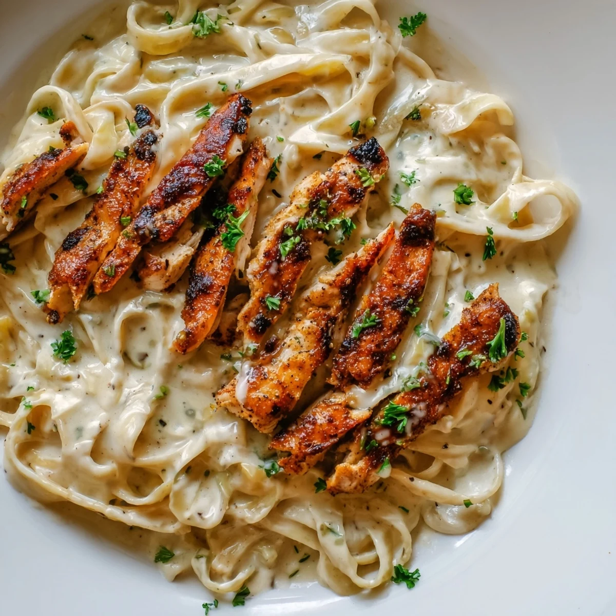 A close-up of juicy Cajun chicken and creamy pasta Alfredo, garnished with fresh parsley and cheese.