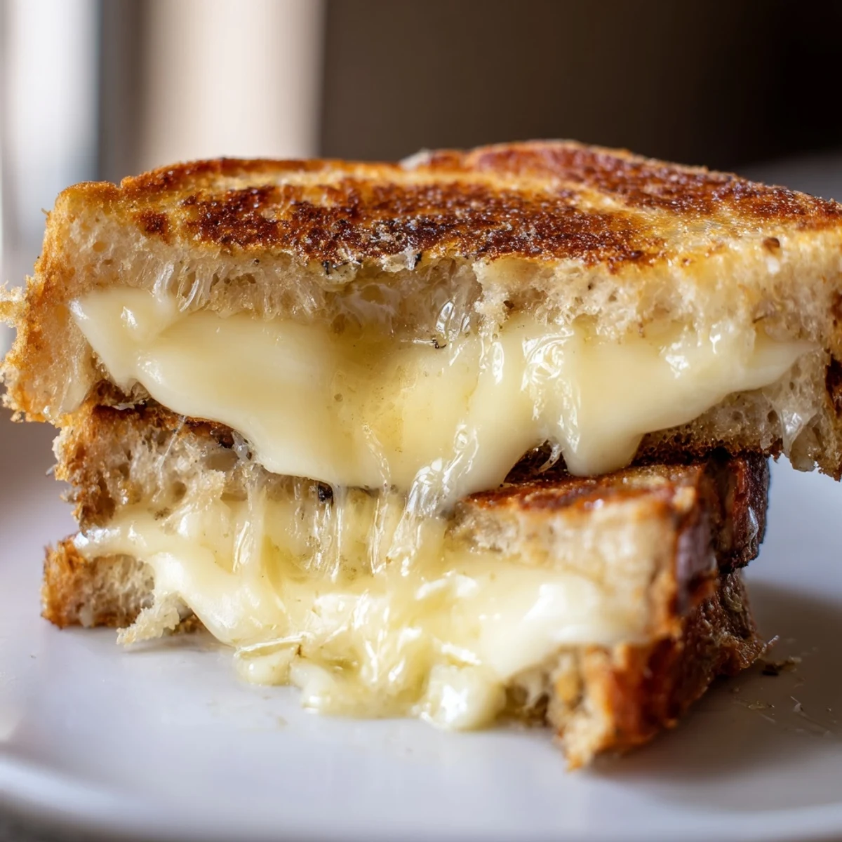 Golden, crispy Truffle Grilled Cheese sandwich with melty Gruyère, served on a rustic wooden board.  
