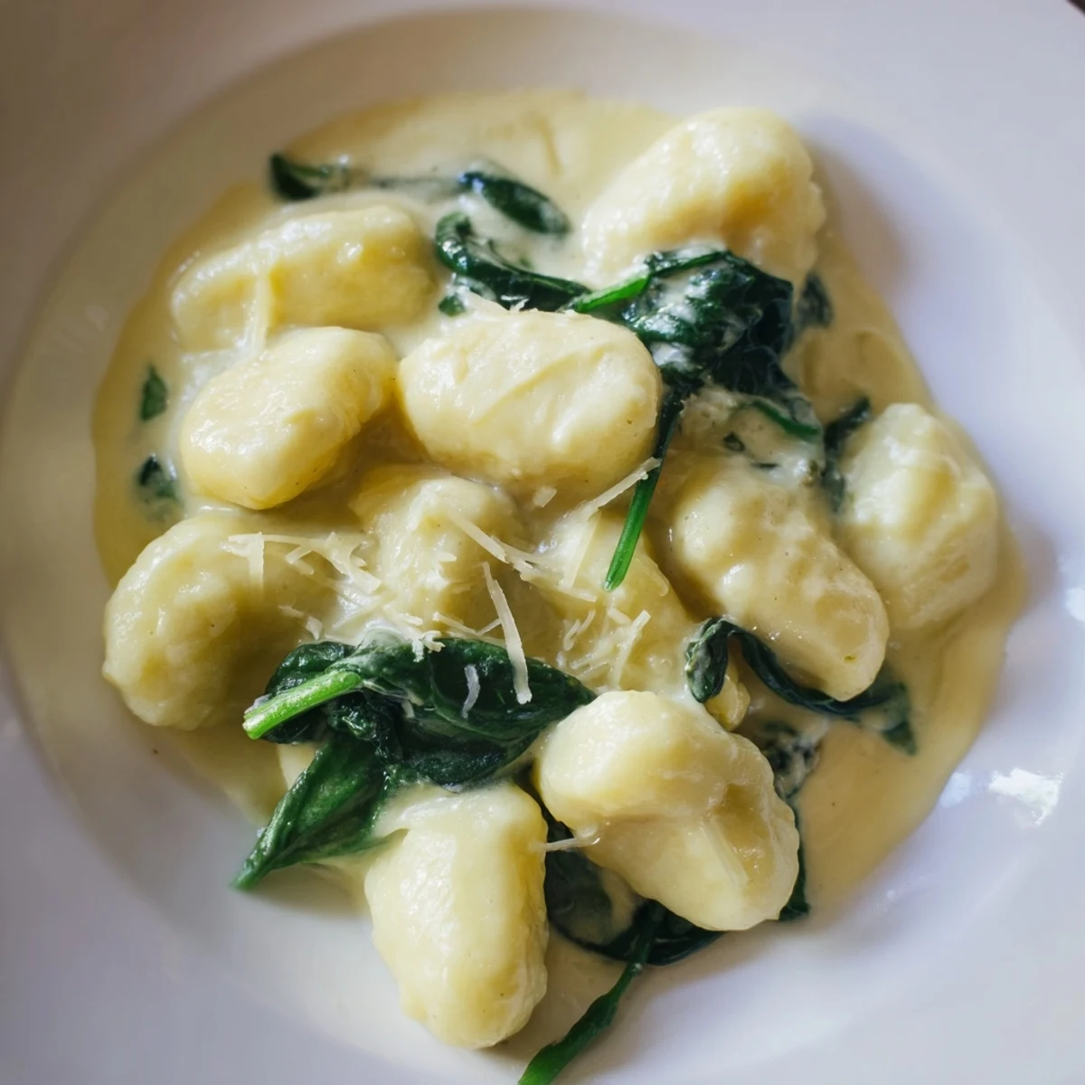 Tender potato gnocchi tossed in velvety garlic cream sauce with fresh spinach, garnished with grated Parmesan and black pepper on top.