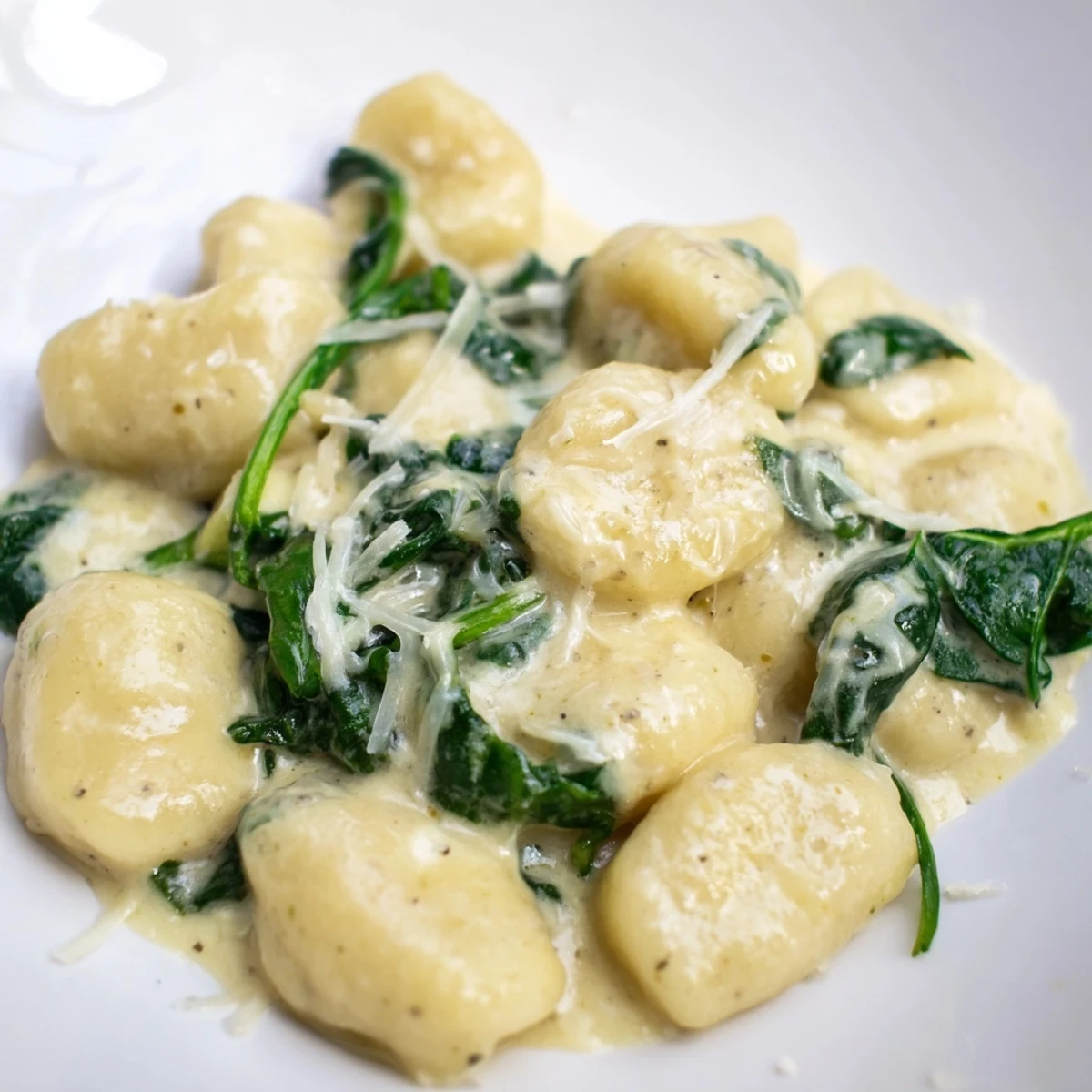 A close-up view of Creamy Garlic Gnocchi, highlighting the pillowy pasta coated in luxurious sauce and bright green spinach leaves.