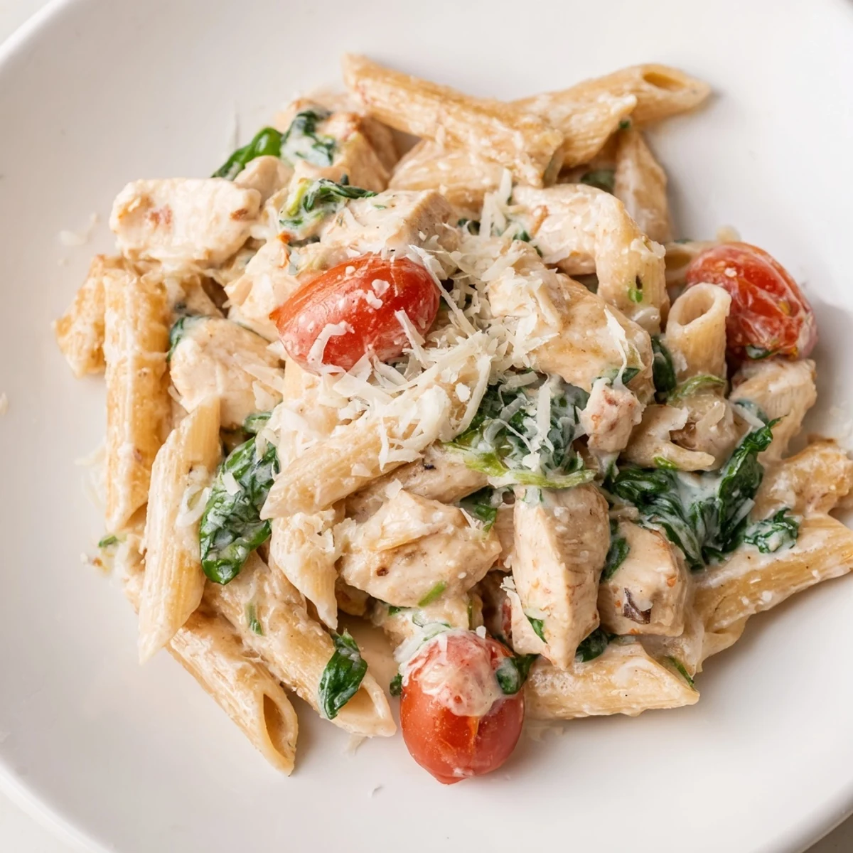 Creamy Greek Yogurt Chicken Pasta with tender chicken, spinach, and cherry tomatoes served in a light, protein-packed sauce.  