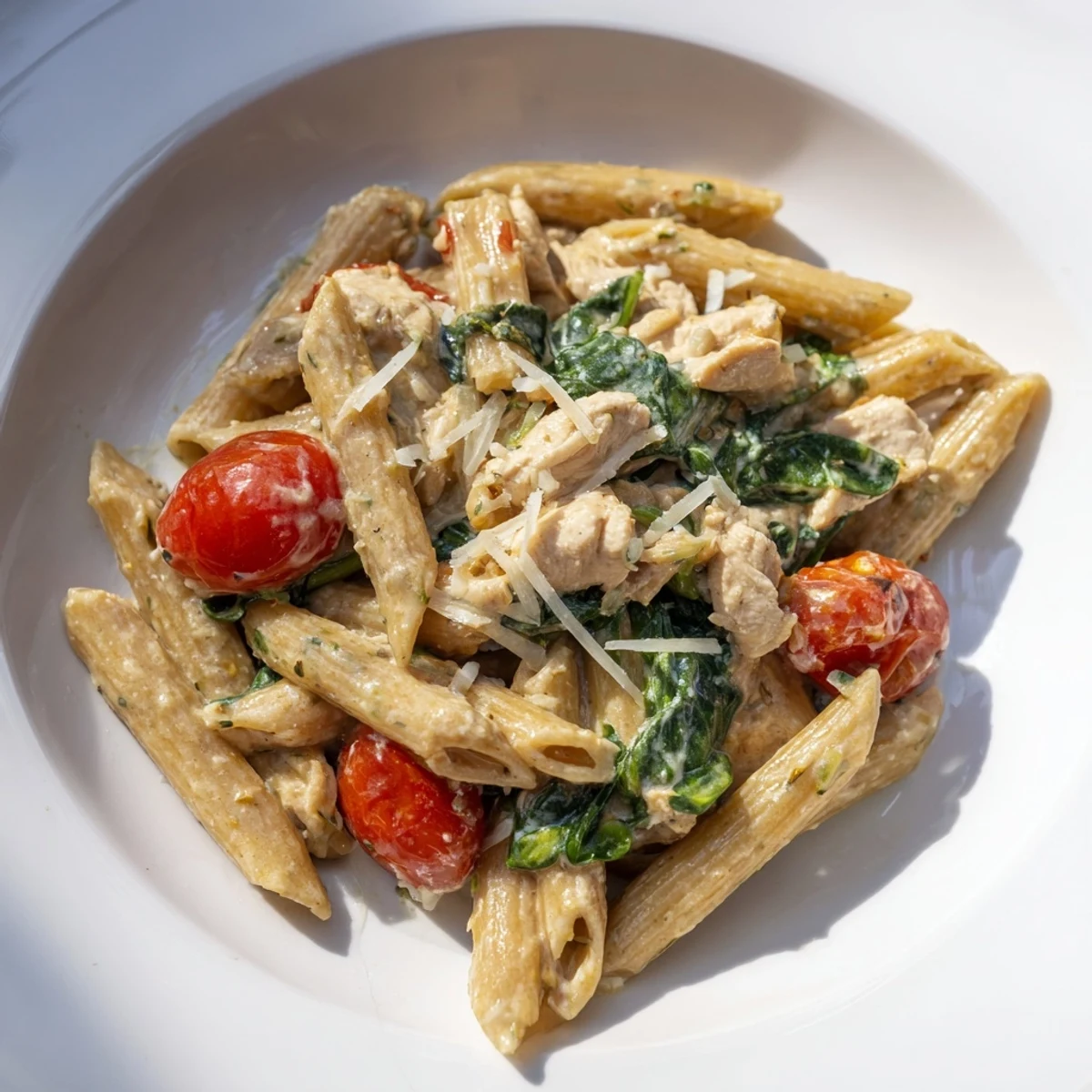 Hearty Greek Yogurt Chicken Pasta tossed with whole wheat penne and fresh herbs, garnished with extra Parmesan.  