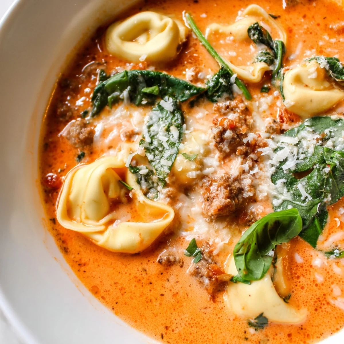A steaming bowl of Tuscan Tortellini Soup, with cheese-filled pasta, Italian sausage, and fresh spinach in a creamy tomato broth.