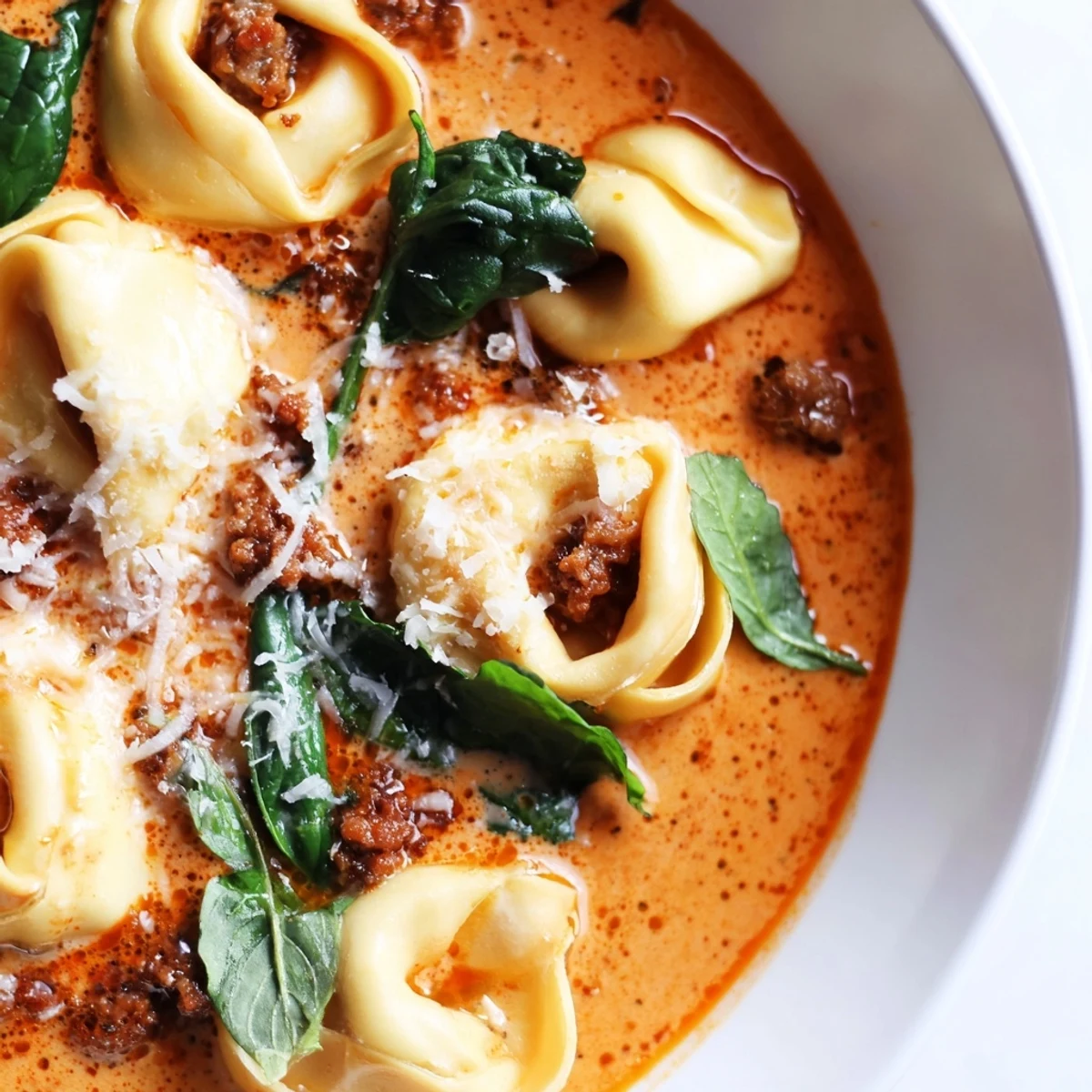Hearty Tuscan Tortellini Soup in a rustic bowl, garnished with Parmesan and herbs, served beside crusty bread for dipping.