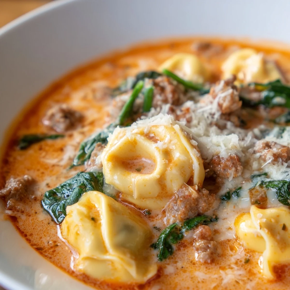 Spoon lifting creamy Tuscan Tortellini Soup, revealing tender tortellini, sausage crumbles, and vibrant wilted spinach in a rich broth.