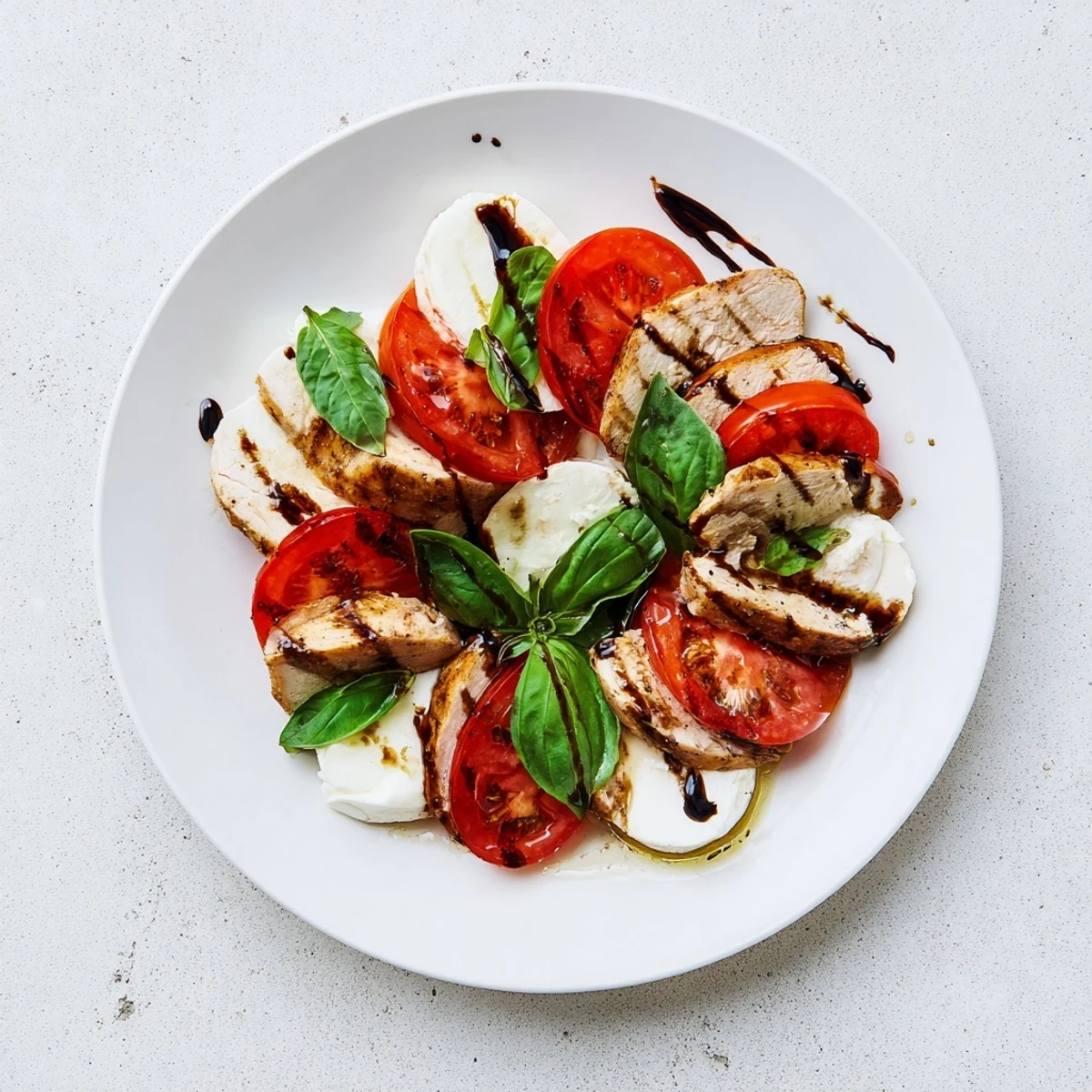 Grilled chicken, ripe tomatoes, and fresh mozzarella on greens, drizzled with balsamic for a vibrant Chicken Caprese Salad.