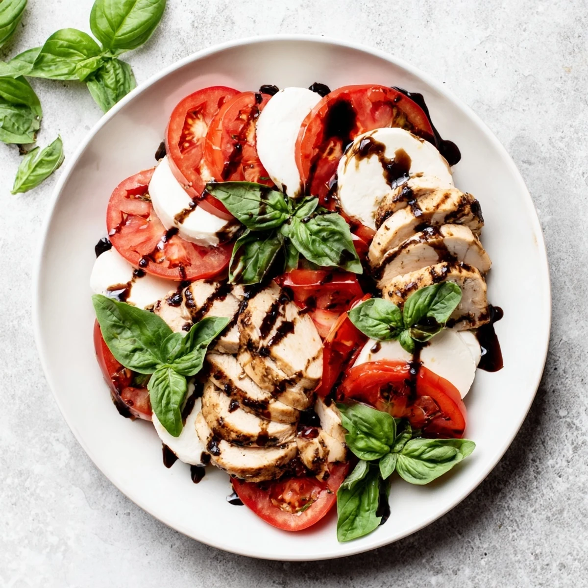 A close-up of juicy grilled chicken layered with tomatoes and mozzarella, finished with balsamic on this Chicken Caprese Salad.