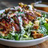 Juicy grilled chicken slices over crisp romaine lettuce, topped with creamy Caesar Chicken Bowl dressing, parmesan, and crunchy croutons for dinner.