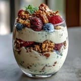 Set Hojicha Panna Cotta Parfait topped with vibrant strawberries and blueberries for a sweet treat.