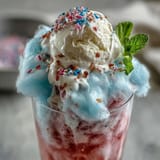 A refreshing cotton candy lemonade float topped with vanilla ice cream, garnished with lemon slices and fresh mint for a festive touch.