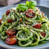 Vibrant spiralized zucchini coated in fragrant basil pesto, garnished with cherry tomatoes and fresh basil leaves.  