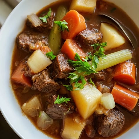 Hearty classic beef stew with root vegetables, rich flavors in aromatic broth.  