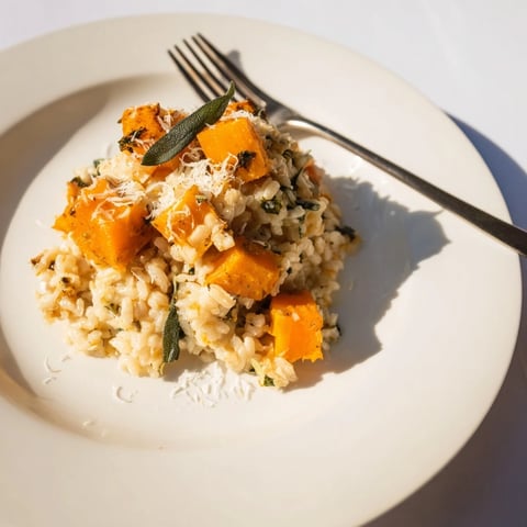Creamy roasted butternut squash and sage risotto topped with Parmesan cheese.  