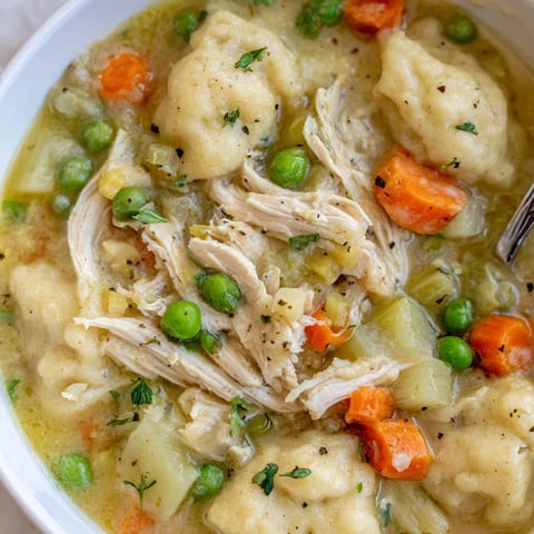 Classic Chicken and Dumplings served in a bowl, brimming with tender chicken and fluffy dumplings.  