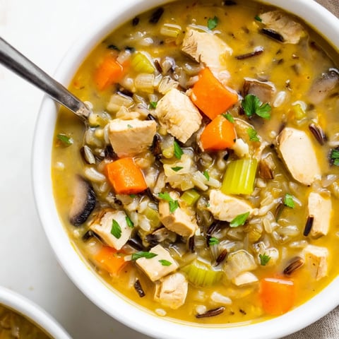A steaming bowl of Chunky Chicken and Wild Rice Soup, brimming with fresh vegetables.  