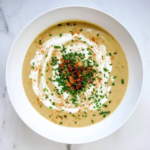 Steaming bowl of The Ultimate Baked Potato Soup, garnished with chives and bacon bits: a cozy, rich meal.