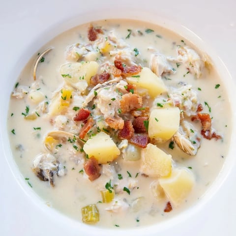 A steaming bowl of New England Clam Chowder, creamy white with visible chunks of clams.