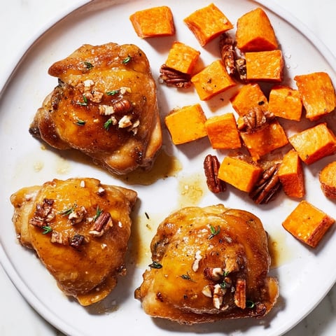Golden and juicy maple glazed chicken, served with tender, caramelized sweet potatoes for a flavorful dinner.