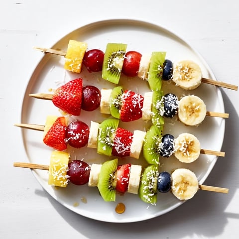 Festive fruit kabobs arranged on a platter, showcasing a vibrant array of fresh, colorful fruit pieces.