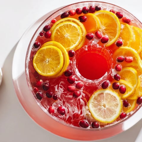 Festive Quick Holiday Punch with Ice Ring, showcasing a glittering ice ring with orange slices and cranberries.