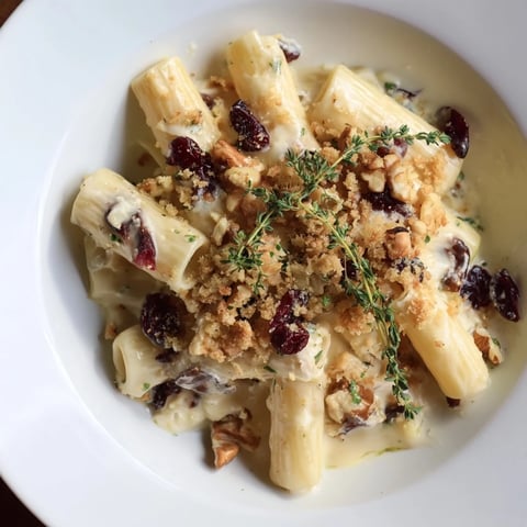 Cranberry and Brie Tartlet Pasta: A close-up shot of creamy pasta topped with golden breadcrumbs and cranberries.
