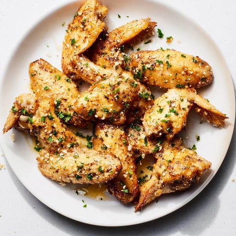 Golden brown air fryer garlic-Parmesan chicken wings, a crispy and flavorful appetizer ready to enjoy.