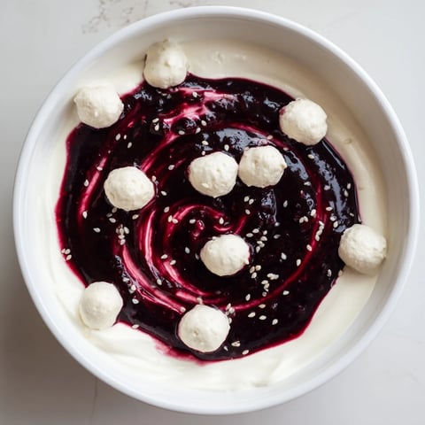 The Galaxy Spiral dessert features dark berry swirls atop creamy white yogurt, garnished with goat cheese.