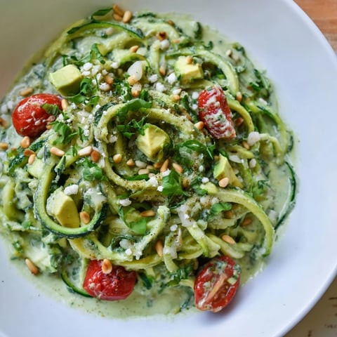 Creamy Green Goddess Zoodle Pasta: vibrant dish with colorful veggies, ready to enjoy.