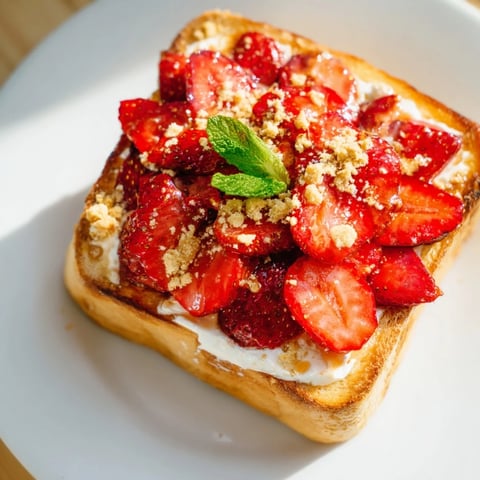 Strawberry Cheesecake Toast: golden toasted bread topped with sweet cream cheese and macerated strawberries.