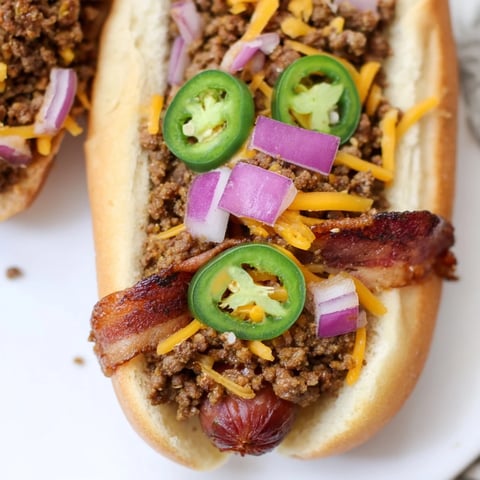 Juicy, bacon-wrapped Mexican Hot Dogs with spicy jalapeños, ready to devour in a soft bun.