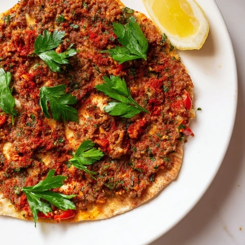 Golden-brown Turkish Lahmacun flatbread topped with spiced meat, ready to be enjoyed with fresh herbs.