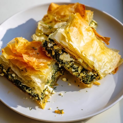 Golden, flaky layers of Greek spanakopita freshly baked and ready to eat with friends.