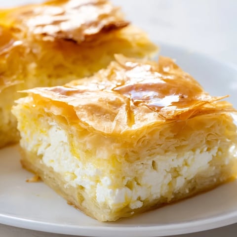 Golden, flaky layers of Serbian Gibanica cheese pie, baked to a perfect, crispy texture.