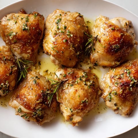 Garlic Butter Chicken Thighs Roasted are golden and crispy on top, with tender meat and aromatic herbs in a savory butter sauce.