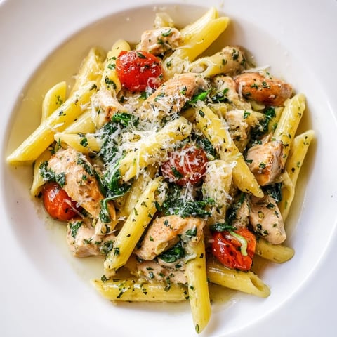 Golden-brown chicken pieces simmer with penne pasta, cherry tomatoes, and fresh spinach in a bright lemon herb sauce, garnished with grated Parmesan cheese.