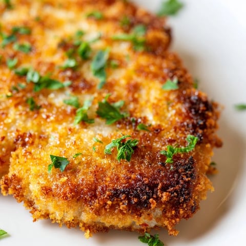 Golden-brown Crispy Parmesan Chicken Cutlet rests on a white plate, garnished with fresh parsley and lemon wedges.