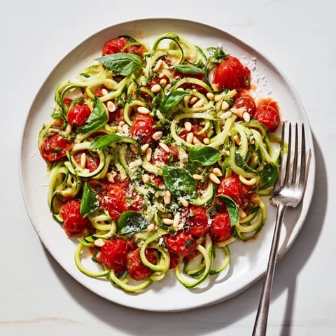 Freshly spiralized zucchini noodles tossed in a vibrant classic tomato basil sauce, garnished with a sprinkle of Parmesan cheese.  