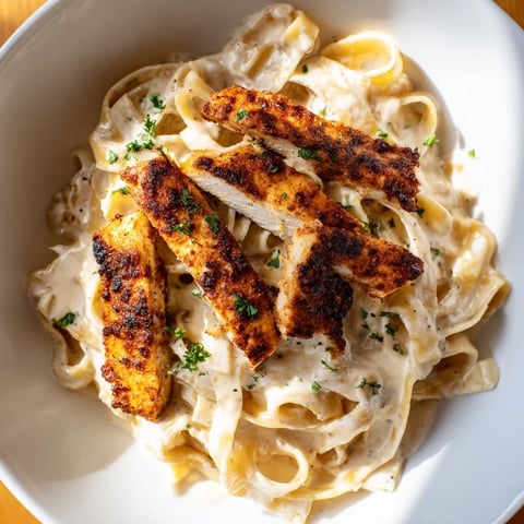 Golden, Cajun-seasoned chicken strips rest atop creamy fettuccine Alfredo, garnished with fresh parsley.