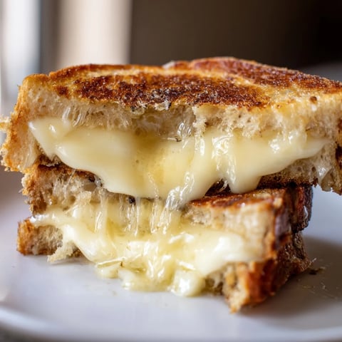 Golden, crispy Truffle Grilled Cheese sandwich with melty Gruyère, served on a rustic wooden board.  