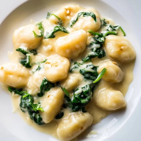Creamy Garlic Gnocchi in a rich sauce with wilted spinach, served steaming in a rustic skillet for a comforting Italian dinner.