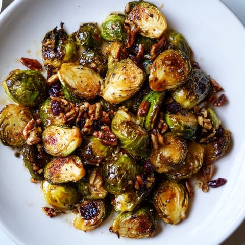 Close-up of crisp Maple Glazed Roasted Brussels Sprouts showing caramelized edges and pecans.