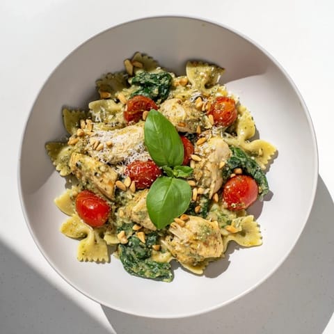 Delicious Pesto Chicken Bowtie Pasta served with fresh basil and Parmesan cheese, ready to eat.