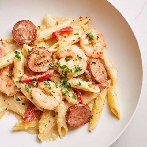 This photo features a steaming skillet of Cajun Sausage & Shrimp Alfredo, garnished with fresh parsley for serving.
