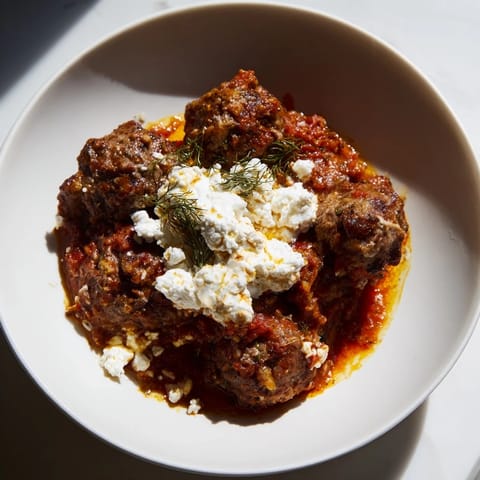 A close-up of savory Instant Pot Greek Meatballs, garnished with fresh herbs alongside the feta sauce.