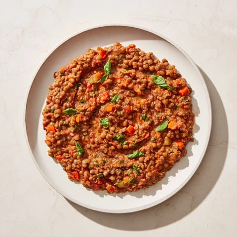 Savory Creamy Tomato Basil Lentil Bolognese, a vegan delight, garnished with fresh basil and plant-based cream.